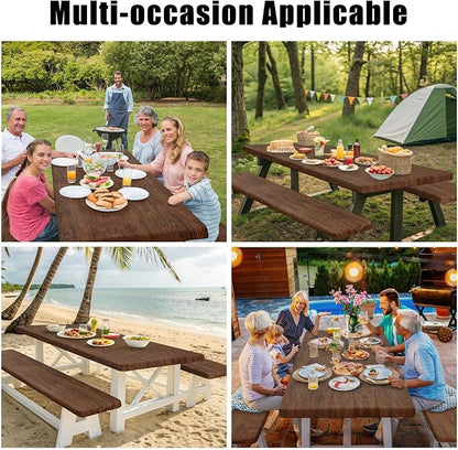 Smiry Picnic Table Cover with Bench Covers, Waterproof Elastic Fitted Tablecloth for 8 Foot Tables, Washable Polyester Tablecloths for Camping, Indoor & Outdoor (Brown, 30x96 Inch 3-pc Set)