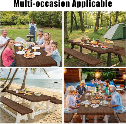 Smiry Picnic Table Cover with Bench Covers, Waterproof Elastic Fitted Tablecloth for 5 Foot Tables, Washable Polyester Tablecloths for Camping, Indoor & Outdoor (Brown, 30x60 Inch 3-pc Set)