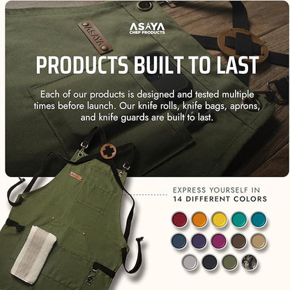 Asaya Chef and BBQ Apron with Bottle Opener and Hand Towel - 10oz Cotton Canvas, Stainless Steel Hardware - Cross Back Straps