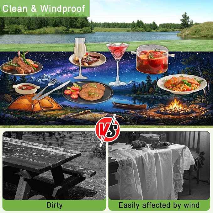 JAWO Starry Night Mountain Lake Tent Camping RV Camper Picnic Table Cover with Bench Covers, Camper RV Essentials Gear Supplies Outdoor Waterproof Windproof Tablecloth with Elastic, 30X96in