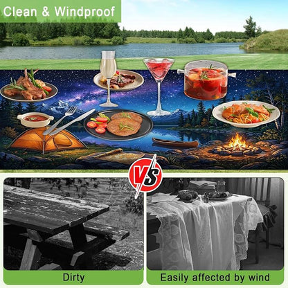 JAWO Starry Night Mountain Lake Tent Camping RV Camper Picnic Table Cover with Bench Covers, Camper RV Essentials Gear Supplies Outdoor Waterproof Windproof Tablecloth with Elastic, 30X60in