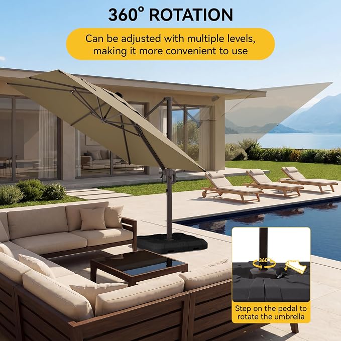 10x10FT Cantilever Outdoor Umbrella with Base, 360° Rotating Large Offset Square Patio Umbrella, Ideal for Garden Backyard Deck Courtyard, Brown
