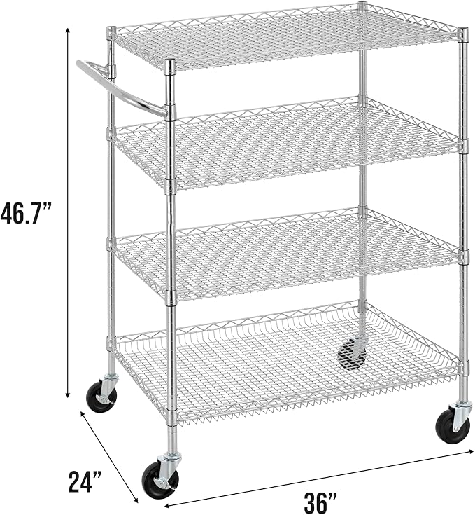 Finnhomy 4 Tier Heavy Duty Commercial Grade Rolling Cart with Handle Bar, Metal Wire Utility Cart with Wheels, Service Trolley on Wheels, Shelf Size 24" D x 36" W, NSF, Chrome