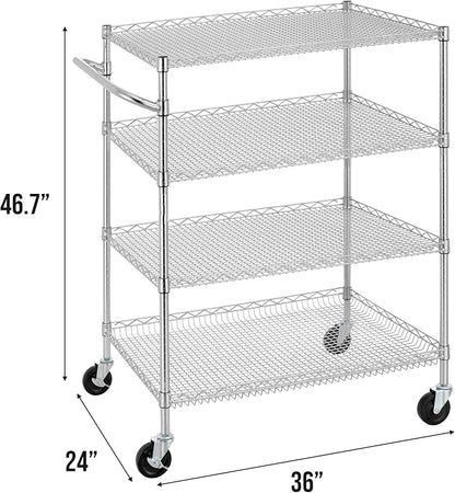 Finnhomy 4 Tier Heavy Duty Commercial Grade Rolling Cart with Handle Bar, Metal Wire Utility Cart with Wheels, Service Trolley on Wheels, Shelf Size 24" D x 36" W, NSF, Chrome