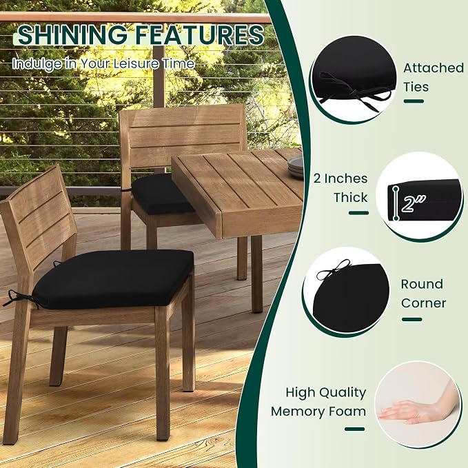 HARBOREST Outdoor Chair Cushions Set of 2, Water Resistant Patio Chair Cushions with Ties, Outdoor Seat Cushions for Patio Furniture, 17"x16"x2", Black