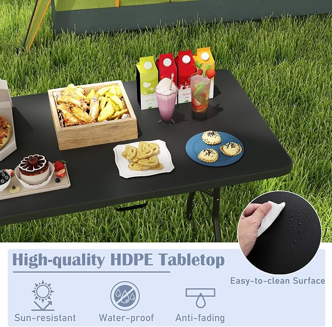 Tangkula 8 FT Folding Table, Indoor Outdoor Foldable Plastic Table | HDPE Tabletop, Sturdy Metal Fame, Carrying Handle, Heavy Duty, Portable ,Fold-in-Half, for Picnic, Camping, BBQ, Party