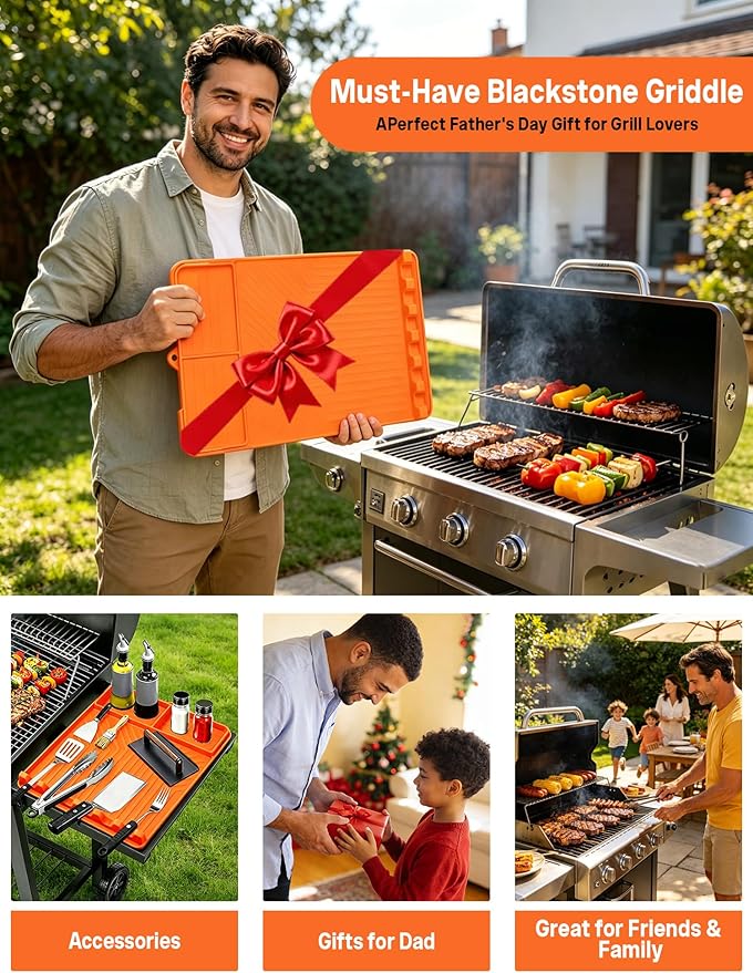 Rollable Silicone Grill Mat for Blackstone Griddle, Heat-Resistant Side Shelf Organizer with Drip Tray for Griddle Tools & BBQ Accessories, Non-Slip Outdoor Grill Mat Gift for Men (Orange)