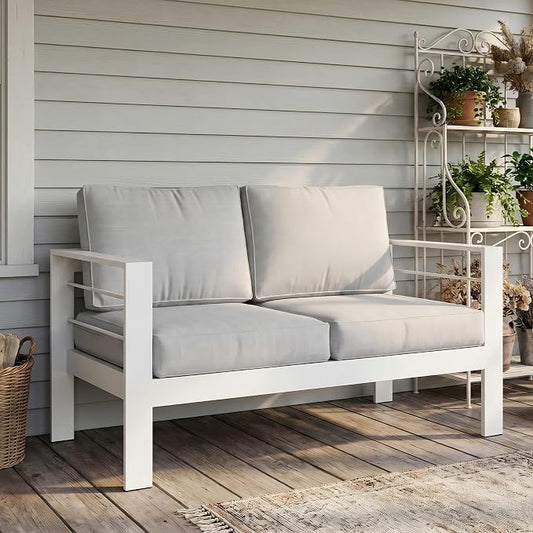Wisteria Lane Aluminum Outdoor Sofa, Loveseat Sofa Patio Couch All-Weather Rust-Proof Modern Metal Patio Furniture with 5" Thick Olefin Cushions, Light Grey