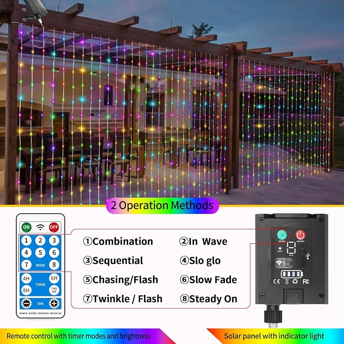 Solar Curtain Lights Outdoor Waterproof 10x10Ft 300LED Multicolor Cool White Dual Color Changing Fairy String Lights with Dimmable Remote Timer Memory for Christmas Balcony Pergola Patio