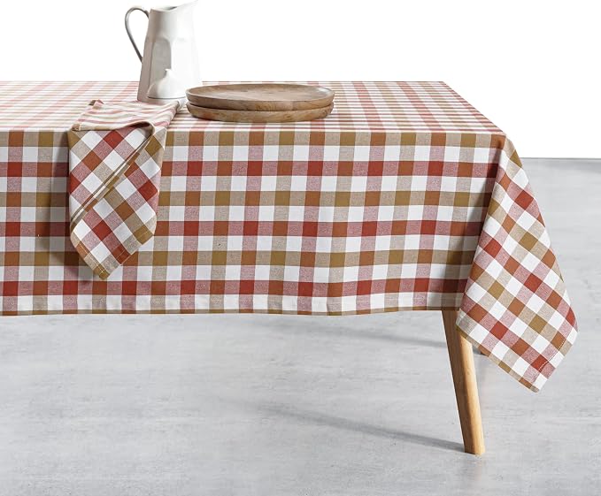 Gingham Cotton Tablecloth 60"x84", Rustic Farmhouse Style, Reusable & Washable, Indoor Outdoor Dining Table Cover for Events, Everyday Use - Rust, Khaki, Natural