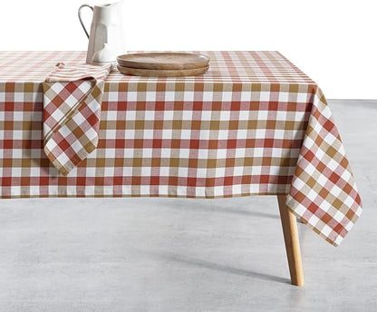 Gingham Cotton Tablecloth 60"x84", Rustic Farmhouse Style, Reusable & Washable, Indoor Outdoor Dining Table Cover for Events, Everyday Use - Rust, Khaki, Natural