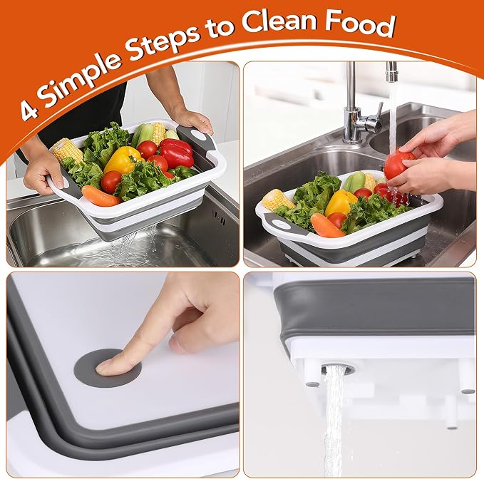 QiMH Collapsible BBQ Prep Tub, Picnic Basket with Lid Foldable Dish Basin, Washing and Draining Veggies Fruits, Food Grade Portable Cutting Board for Camping, Traveling, and Kitchen