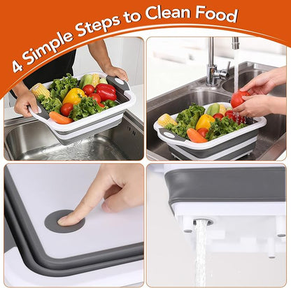 QiMH Collapsible BBQ Prep Tub, Picnic Basket with Lid Foldable Dish Basin, Washing and Draining Veggies Fruits, Food Grade Portable Cutting Board for Camping, Traveling, and Kitchen