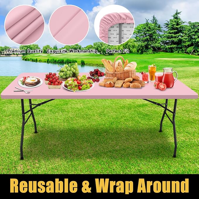 Smiry Rectangle Picnic Table Cloth, Waterproof Elastic Fitted Tablecloths for 8 Foot Tables, Washable Polyester Table Cover for Camping, Valentine's Day and Outdoor (Pink, 30"x96")