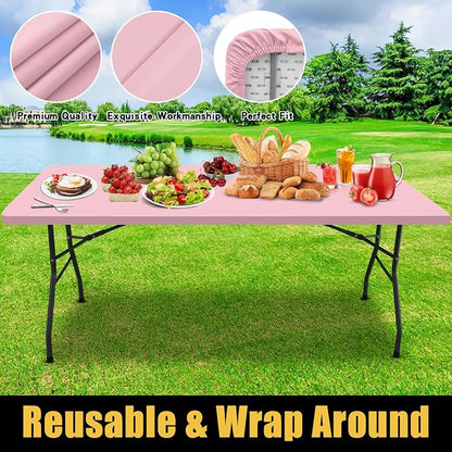Smiry Rectangle Picnic Table Cloth, Waterproof Elastic Fitted Tablecloths for 8 Foot Tables, Washable Polyester Table Cover for Camping, Valentine's Day and Outdoor (Pink, 30"x96")