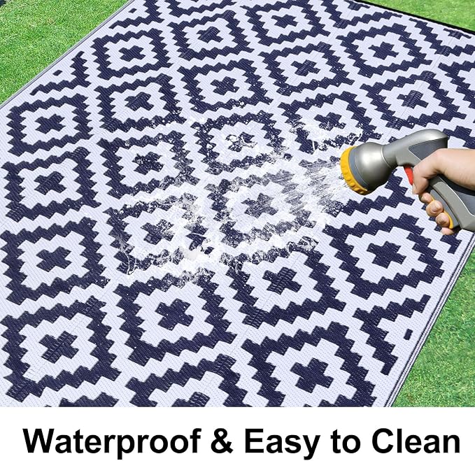 Smiry Outdoor Rug 5x8 ft Waterproof Reversible Boho Mat, White & Navy | Polypropylene Plastic Straw, Quick Drying, Lightweight Foldable, for Patio, Deck, RV Camping, Backyard and Indoor Outdoor Use