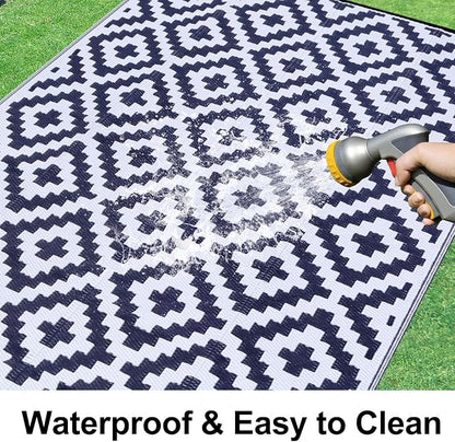 Smiry Outdoor Rug 9x12 ft Waterproof Reversible Boho Mat, White & Navy | Polypropylene Plastic Straw, Quick Drying, Lightweight Foldable, for Patio, Deck, RV Camping, Backyard and Indoor Outdoor Use