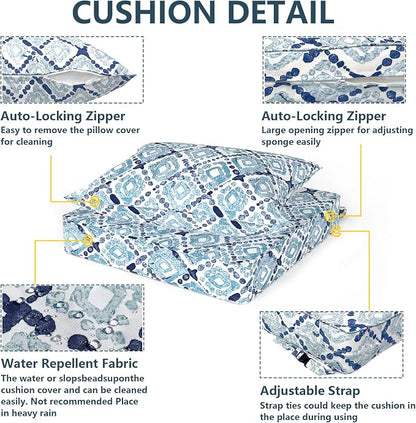 DYTXIII Outdoor Deep Seat Cushion Set, Water Repellent 22"x22" Patio Thick Cushions Replacement with Seat & Back Pillow for Patio Sofa, Wicker Chair, Couch - Boho Geometry Blue
