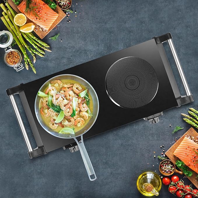 2000W Hot Plate,Portable Electric Stove Countertop Double Burners W/5 Level Temperature Control & Stay Cool Handles, Easy to Clean, Lightweight Cast Iron Electric Stove for RV/Home/Camp 110V