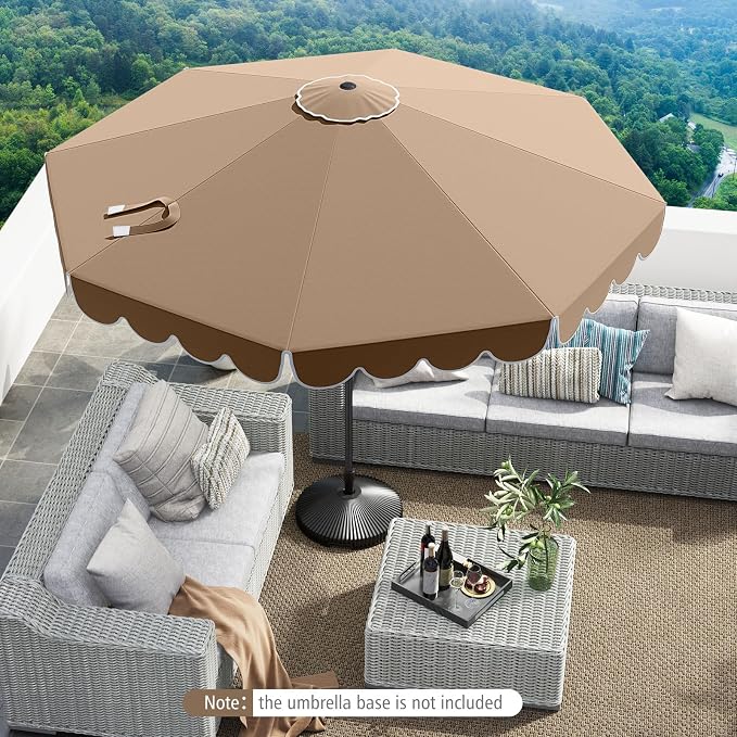 Tangkula 10 FT Patio Umbrella, 2-Tiers Scalloped Outdoor Table Market Umbrella with Tilt Adjustment, Crank, 8 Sturdy Ribs for Pool, Deck, Backyard (Coffee)