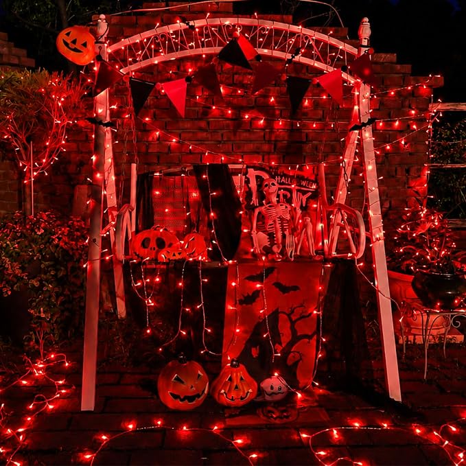 YEGUO 328ft 1000 LED Red Halloween String Lights, Clear Wire Christmas String Lights Indoor, 8 Modes Twinkle Tree Lights Plug in with Timer Memory.