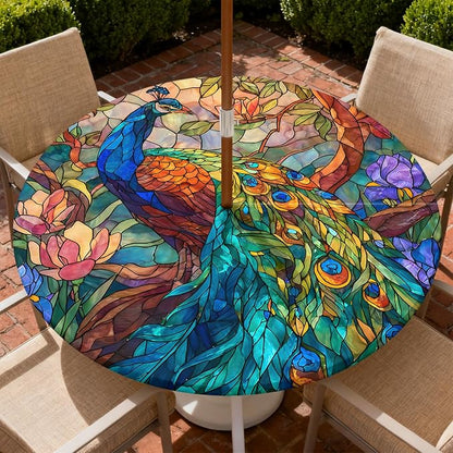 Outdoor Tablecloth with Umbrella Hole and Zipper Fits 49-52" Tables | Waterproof Round Fitted Tablecloth with Elastic Edge, Wipeable Outdoor Table Cover for Patio, Garden, Picnic