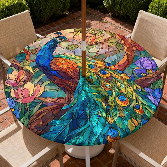 Outdoor Tablecloth with Umbrella Hole and Zipper Fits 49-52" Tables | Waterproof Round Fitted Tablecloth with Elastic Edge, Wipeable Outdoor Table Cover for Patio, Garden, Picnic