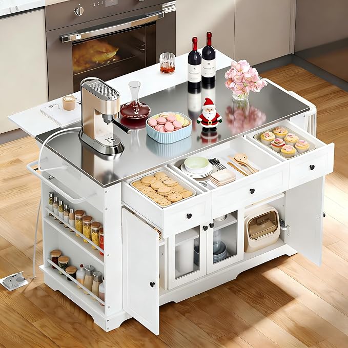 YITAHOME 60 Inch Kitchen Island with Drop Leaf | Mobile Stroage Islands with Stainless Steel Top, Rolling Island Table with Power Outlet, Adjustable Shelves, Spice Rack