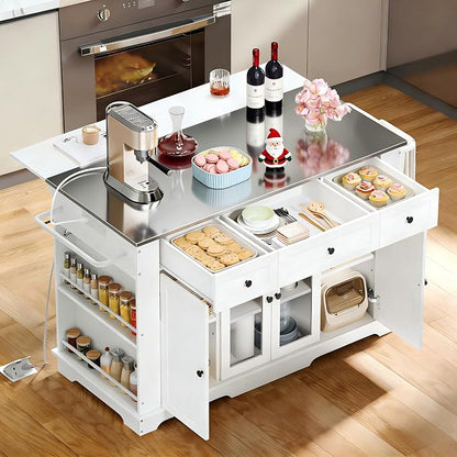YITAHOME 60 Inch Kitchen Island with Drop Leaf | Mobile Stroage Islands with Stainless Steel Top, Rolling Island Table with Power Outlet, Adjustable Shelves, Spice Rack