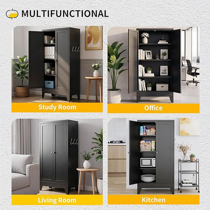 Metal Pantry Cabinet, Kitchen Pantry Storage Cabinets with 2 Doors and 3 Adjustable Shelves, White Kitchen Pantry Cabinet for Dining Room, Living Room, Assemble Required (Black)