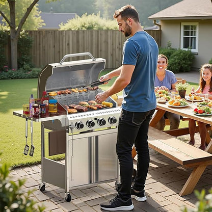 COWSAR 4-Burner Propane Gas Grill, 32K BTU, Stainless Steel BBQ, Outdoor | 4-Burner Propane Grill, 32K BTU, Stainless Steel & Foldable Tables, Outdoor BBQ Patio, Thermometer & Lockable Casters