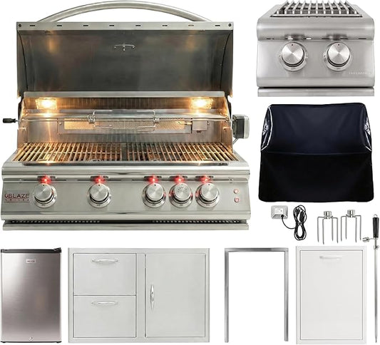 BLAZE BBQ Outdoor Grill Package 5 of 32” LTE Built-in Natural Gas Grill, LTE Built-In Double Side Burner, 32” Door & Two Drawers Combo, Roll Double Trash Drawer, Compact Refrigerator and Accessories