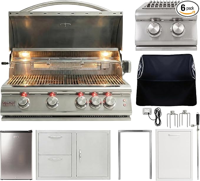 BLAZE BBQ Outdoor Grill Package 6 of 40” LTE Built-in Natural Gas Grill, LTE Built-In Double Side Burner, 32” Door & Two Drawers Combo, Double Trash Drawer, 20” Compact Refrigerator, and Accessories