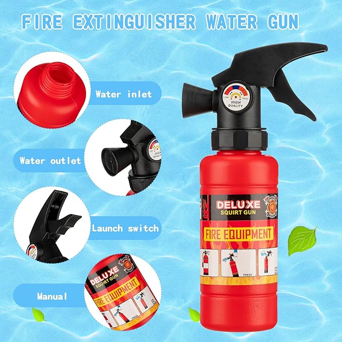 Leitee 24 Pcs Fire Extinguisher Squirter Toys Realistic Firefighter Water Squirt Toy Fun Fireman Squirter for Boy Girl Swimming Pool Beach Party Outdoor Water Fighting Play Cosplay (7X 1.9 Inch)