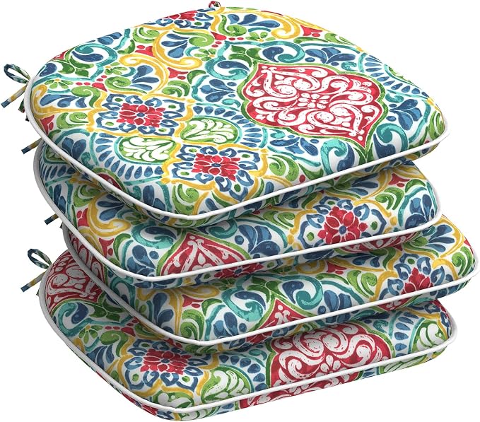 DYTXIII Set of 4 Outdoor Chair Cushions with Ties,Water Repellent Patio Chair Pads 17"x 16" for Outdoor Furniture,Round Corner Seat Cushions for Garden Yard Kitchen Damask Red