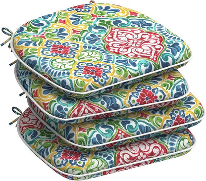 DYTXIII Set of 4 Outdoor Chair Cushions with Ties,Water Repellent Patio Chair Pads 17"x 16" for Outdoor Furniture,Round Corner Seat Cushions for Garden Yard Kitchen Damask Red