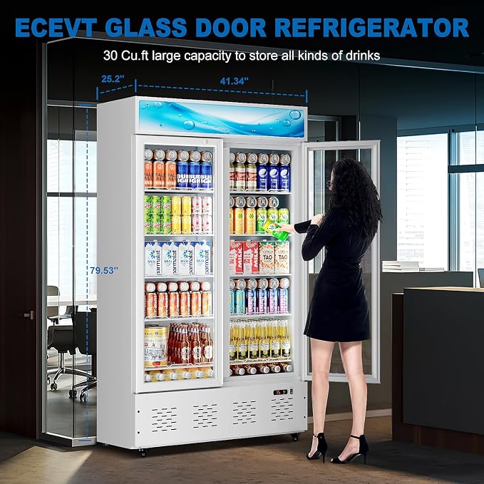 41.34'' W Commercial Beverage Refrigerators, 30 Cu.ft Glass Door Refrigerator Commercial with LED Light and 10 Shelves, Display Refrigerator for Restaurant Store Cafe Bar, White