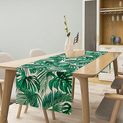 Tropical Leaves Table Runner Jungle Green Plam Tree Leave Retro Boho Hawaii Botanical Plant Spring Seasonal Dinner Runner for Home Farmhouse Kitchen Dining Holiday Party 13x60in
