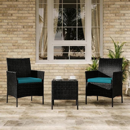 3-Piece Outdoor Furniture Set, PE Rattan Wicker Chairs with Soft Cushions & Tempered Glass Coffee Table - All-Weather Patio Set for Garden, Backyard, Porch, Poolside (Black/Green)