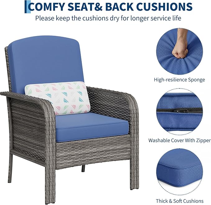 GarveeLife Set of 2 Wicker Patio Chairs, Gray Gradient Rattan with Blue Seat Cushion, Heavy Duty, for Backyard or Poolside