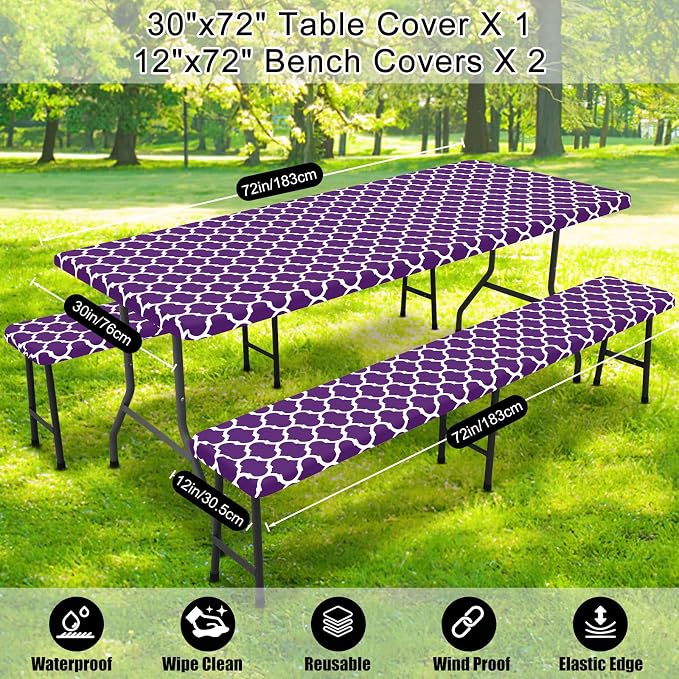 Smiry Picnic Table Cover with Bench Covers, Waterproof Elastic Fitted Tablecloth for 6 Foot Tables, Washable Polyester Tablecloths for Camping, Indoor & Outdoor (Purple, 30x72 Inch 3-pc Set)