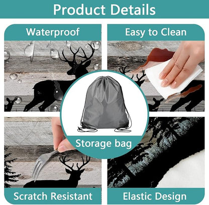 Forest Deer Picnic Table Cover with Bench Covers and Bag, Camping Essentials, Waterproof Windproof, Fitted Tablecloth Cover with Elastic Edge, for Indoor & Outdoor, Garden, 3 PCS, 30x72 Inch