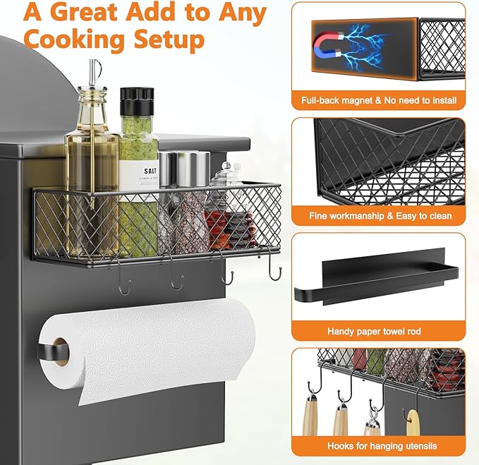 Ormeli 1 Pack Magnetic Storage Bin for Traeger Smoker Grill Caddy with Paper Towel Holder, Grill Basket for Some Models of Traeger/Pit Boss/Z Grill Smoker Accessories, Griddle Caddy for Outdoor