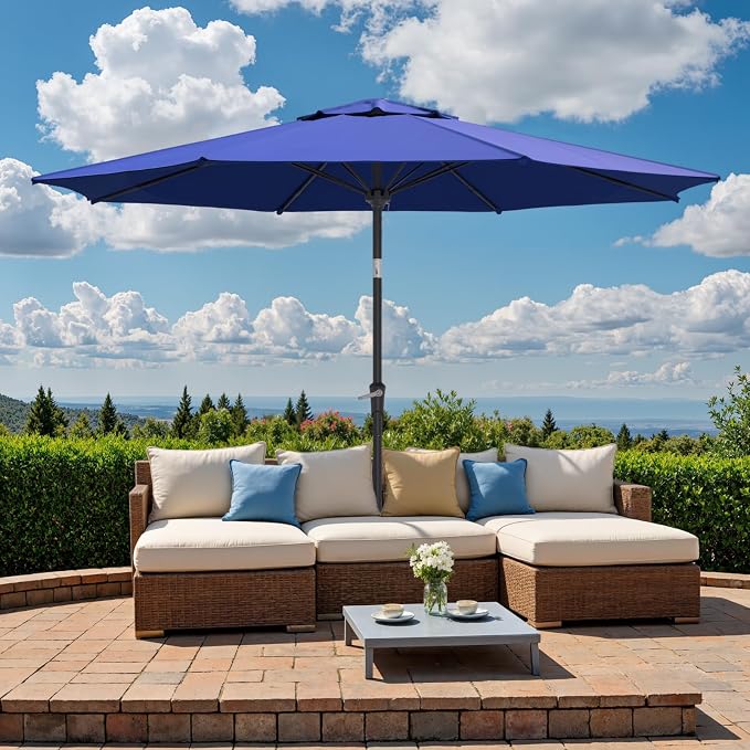 Outdoor Patio Umbrella, Table Umbrella with Push Button Tilt and Crank, 8 Ribs Market Umbrella