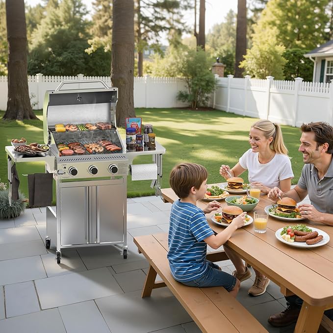 R.W.FLAME 3 Burner Propane Gas Grill, 24,000 BTU Stainless Steel BBQ Grill with Foldable Shelves, Outdoor Grill for Backyard, Patio, and Camping