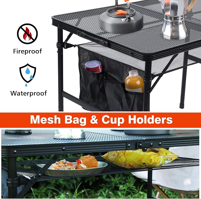 JOUYEK Folding Grill Table, 3x2 FT Portable Camping Table | Height Adjustable Metal Tables with Mesh Desktop and Mesh Bag, Outdoor Furniture for Camping, Picnic, Beach and BBQ, Black