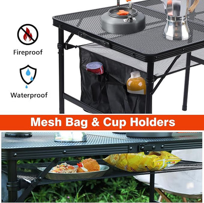 JOUYEK Folding Grill Table, 3x2 FT Portable Camping Table | Height Adjustable Metal Tables with Mesh Desktop and Mesh Bag, Outdoor Furniture for Camping, Picnic, Beach and BBQ, Black