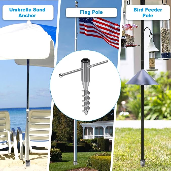 Dolibest Heavy Duty Beach Umbrella Sand Anchor, Portable Screw-in Ground Anchor & 3 Sleeves (Fits 1-2" Poles), Windproof Beach Umbrella Stake, 2.2'' Fully Welded Spiral Design for Ultimate Stability