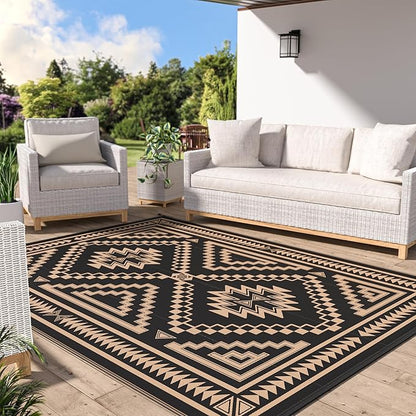 GENIMO Outdoor Rug, Waterproof Plastic Rugs for Patio, 9'x12' Dark Brown | Outside Larger Modern Carpet Mat for Porch Decor, Deck, Balcony, Camping, RV, Backyard, Picnic, Beach, Reversible, Foldable