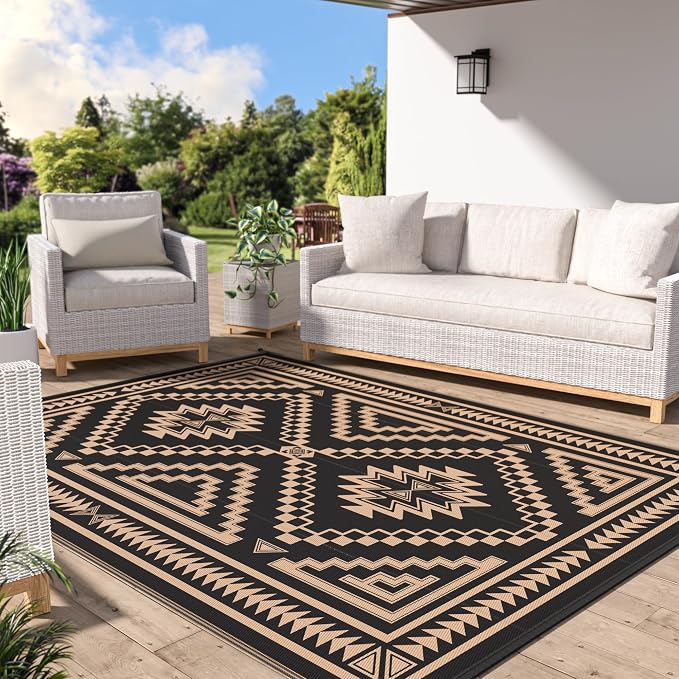 GENIMO Outdoor Rug, Waterproof Plastic Rugs for Patio, 5'x8' Dark Brown | Outside Larger Modern Carpet Mat for Porch Decor, Deck, Balcony, Camping, RV, Backyard, Picnic, Beach, Reversible, Foldable